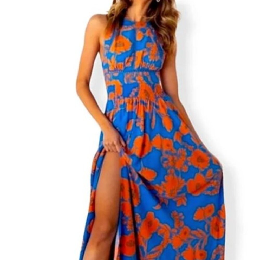 Abel The Label Anthropologie Boho Floral Halter Maxi Dress Blue/Orange Size XS